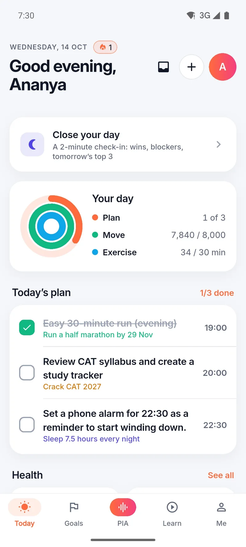 PIA's Today screen: your day in three rings and today's plan